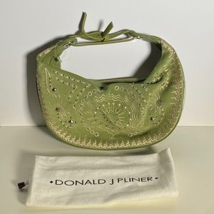 NEW COUTURE DONALD J PLINER HOBO PURSE SUEDE EMBROIDERED KIWI LIME GREEN ITALY